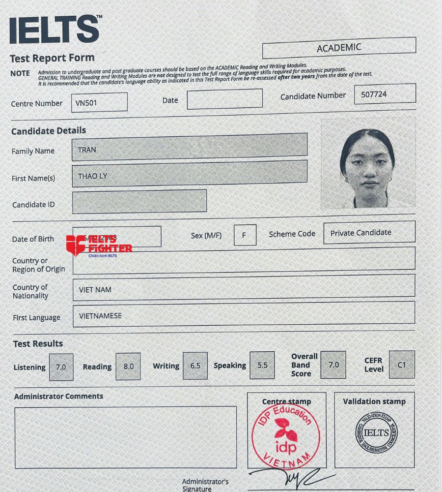 chứng chỉ Trần Thảo Ly  7.0 IELTS