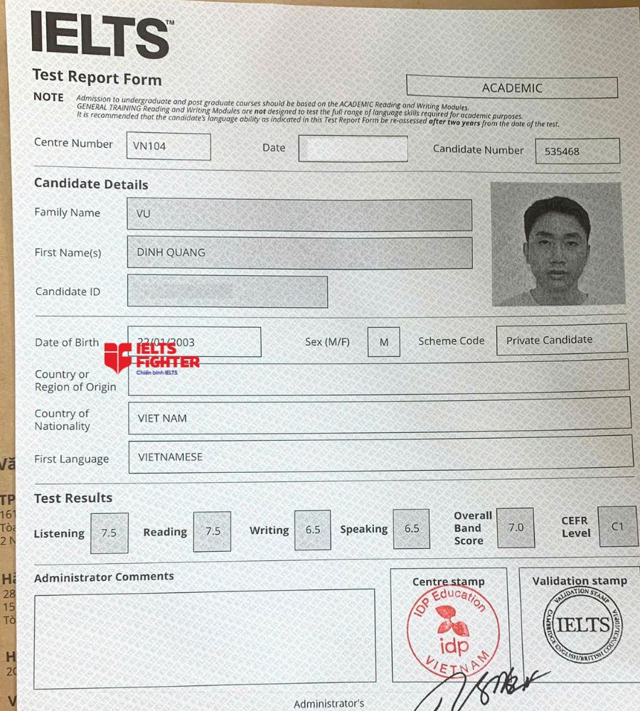 chứng chỉ Vũ Đ&igrave;nh Quang  7.0 IELTS