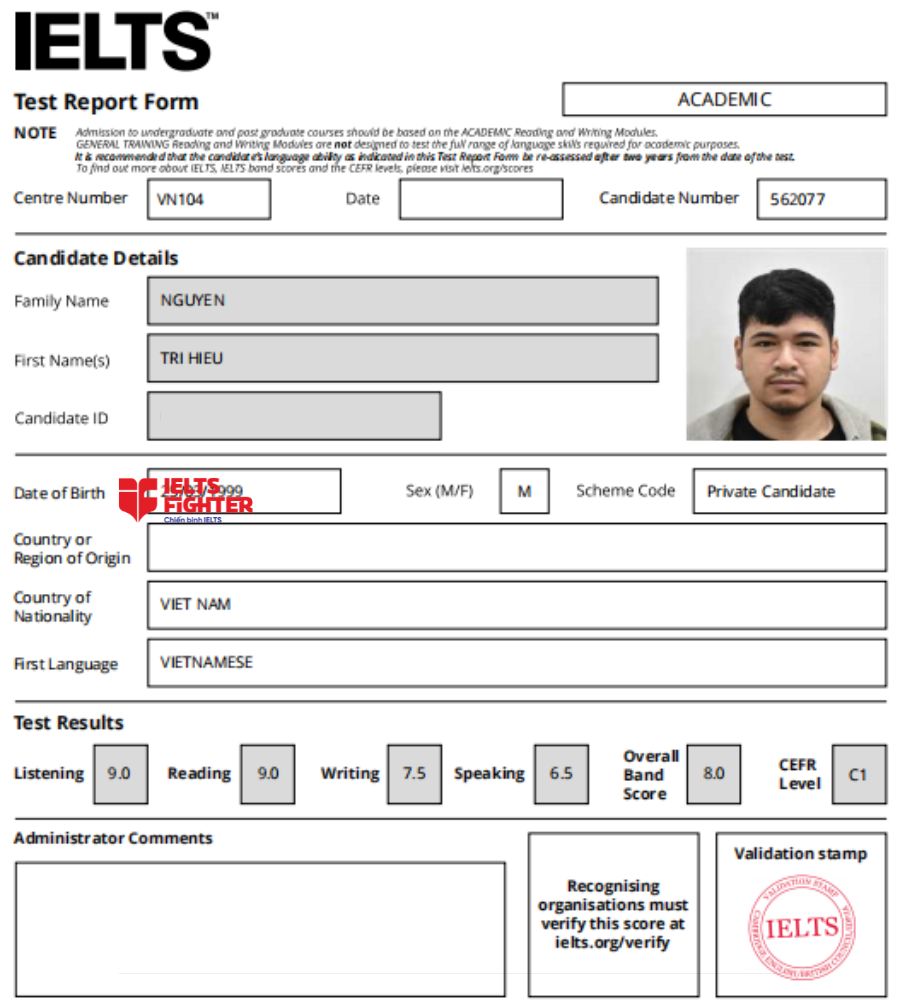 chứng chỉ Nguyễn Tr&iacute; Hiếu  8.0 IELTS