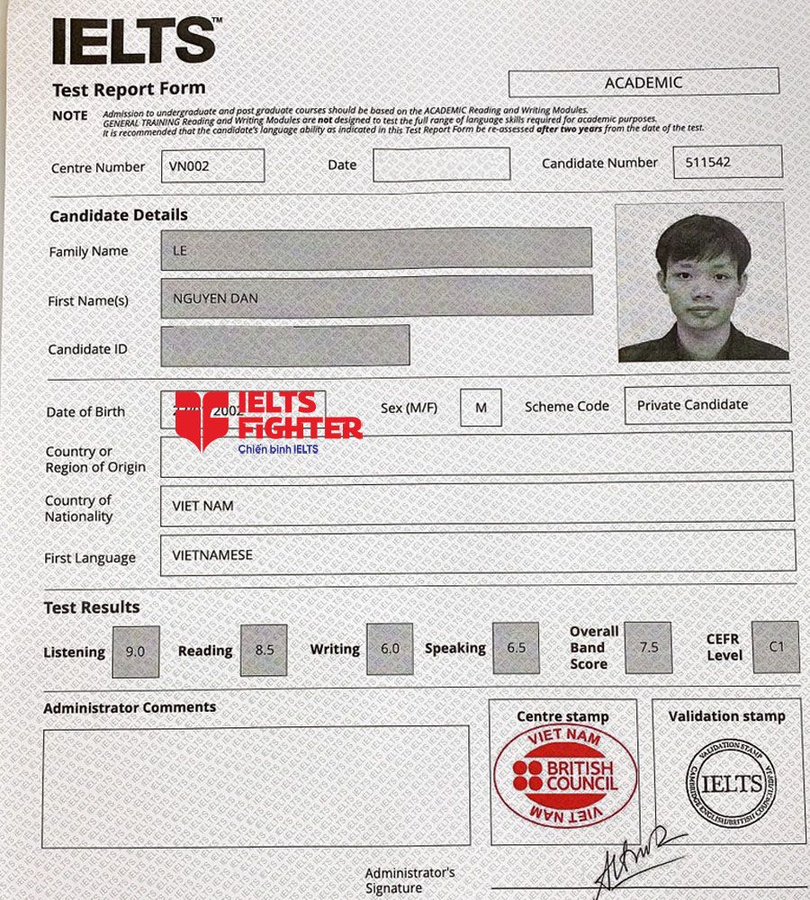 bảng điểm Nguy&ecirc;n đ&aacute;n 7.5 IELTS