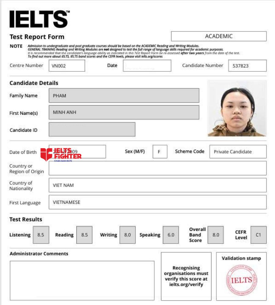 chứng chỉ Phạm Minh Anh 8.0 IELTS
