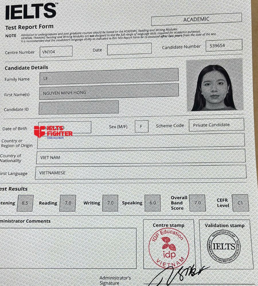 chứng chỉ L&ecirc; Nguyễn Minh Hồng  7.0 IELTS
