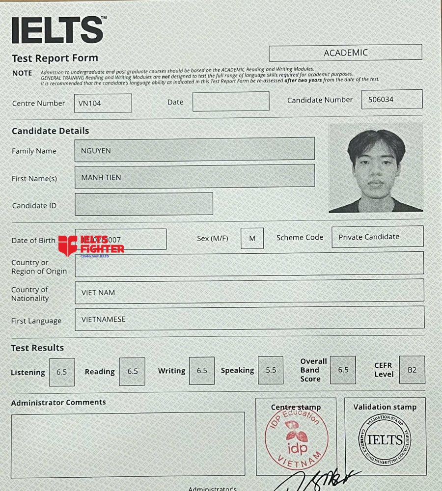 chứng chỉ Nguyễn Mạnh Tiến 6.5 IELTS