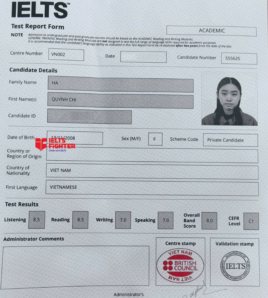 chứng chỉ H&agrave; Quỳnh Chi 8.0 IELTS