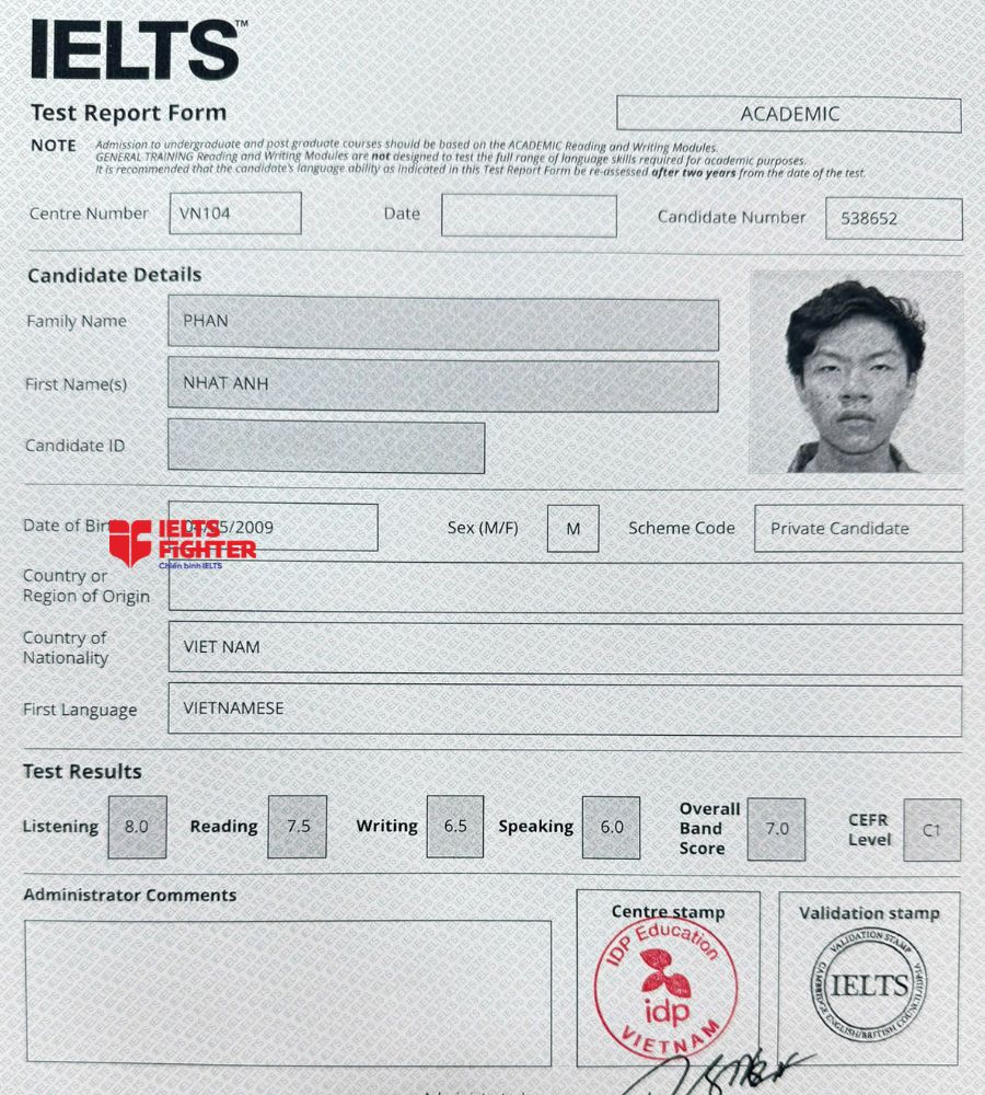 chứng chỉ Phan Nhật Anh 7.0 IELTS