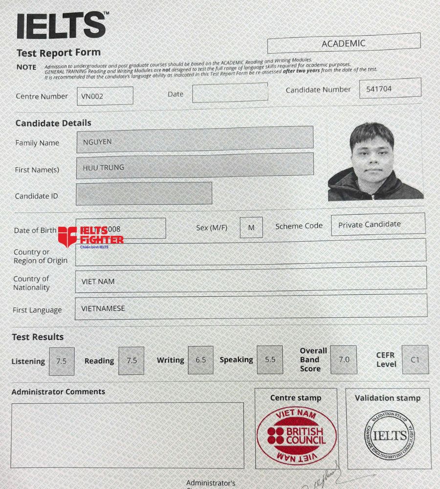 chứng chỉ Nguyễn Hữu Trung  7.0 IELTS
