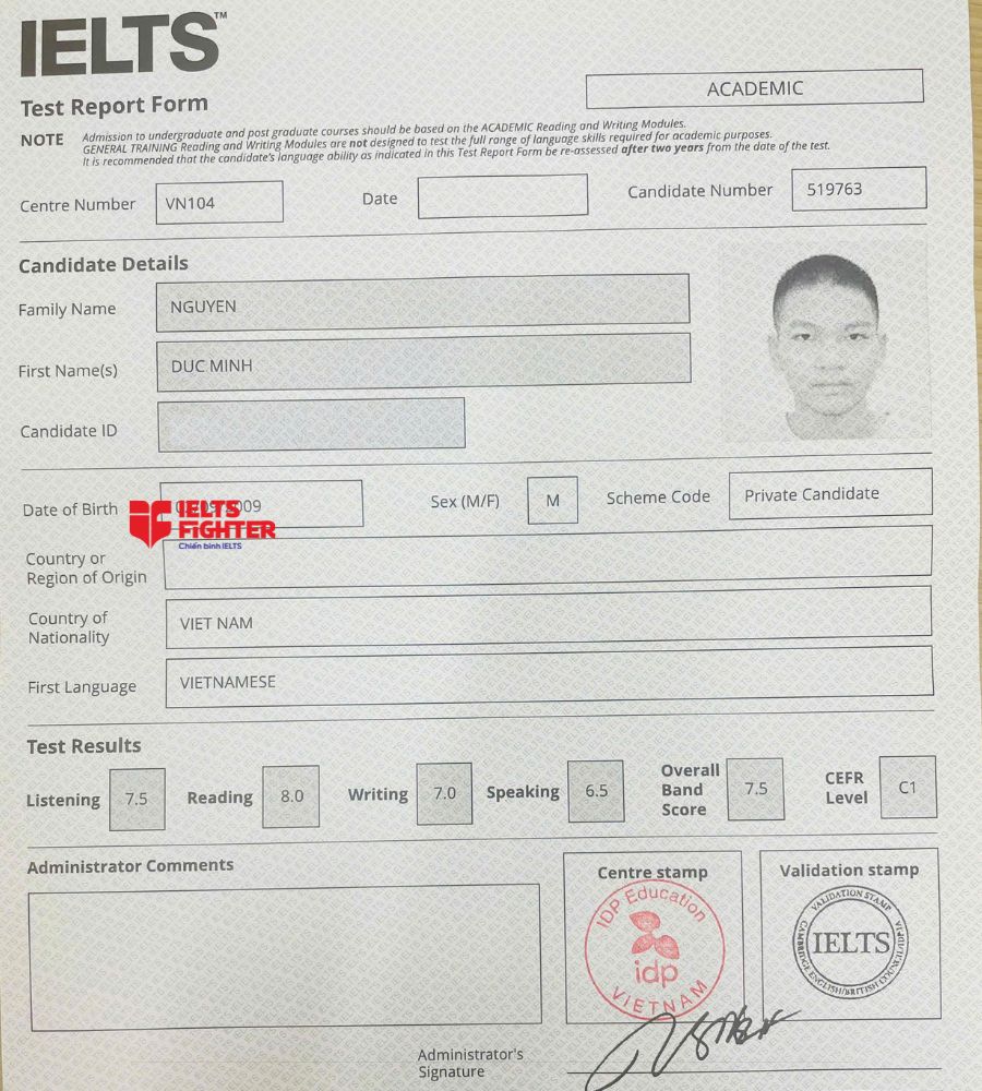 chứng chỉ Nguyễn Đức Minh 7.5 IELTS