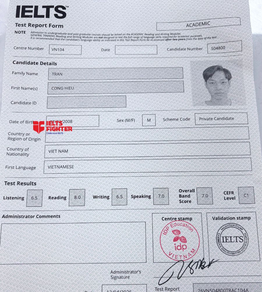 chứng chỉ Trần C&ocirc;ng Hiếu 7.0 IELTS