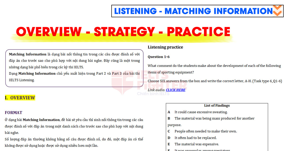 Bài luyện tập IELTS Listening Matching Information