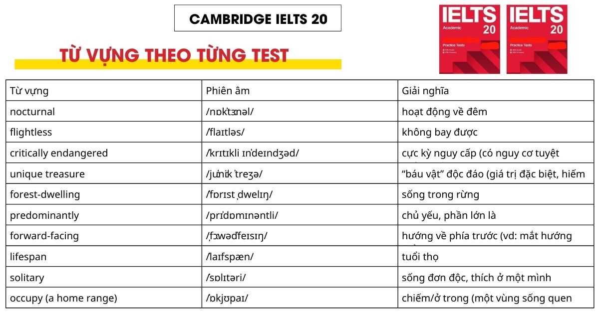 Từ vựng Reading trong sách Cambridge IELTS 20