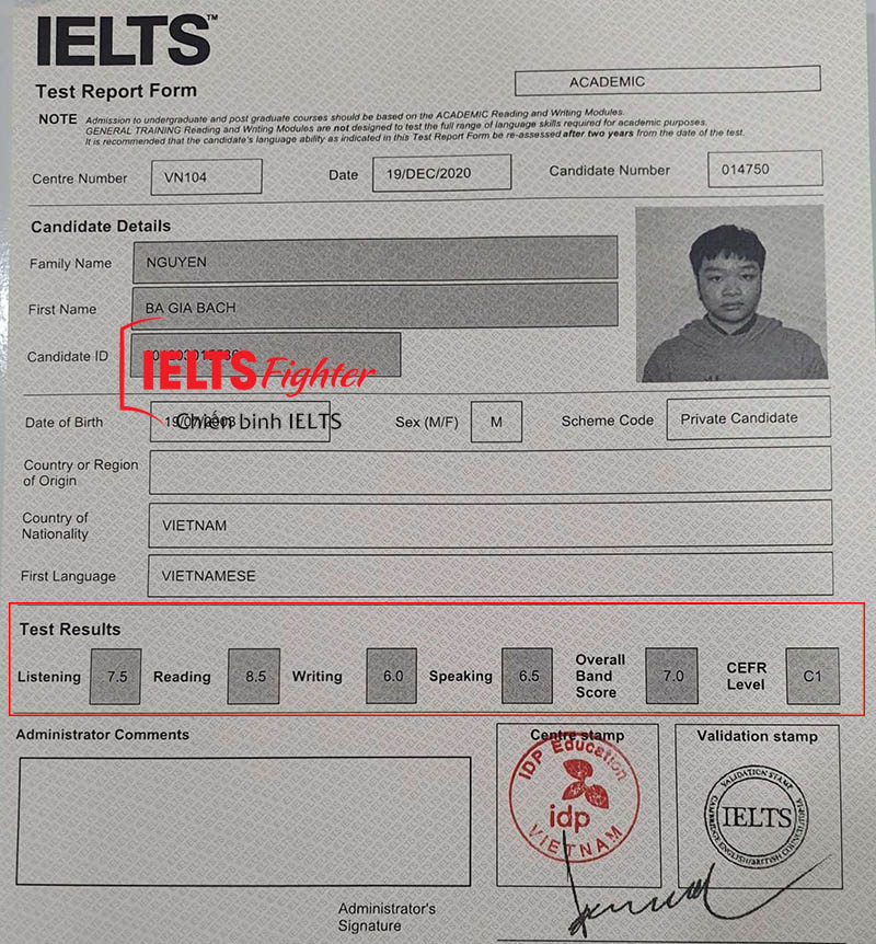 Nguyễn Gia Bách - 7.0 IELTS - bảng điểm