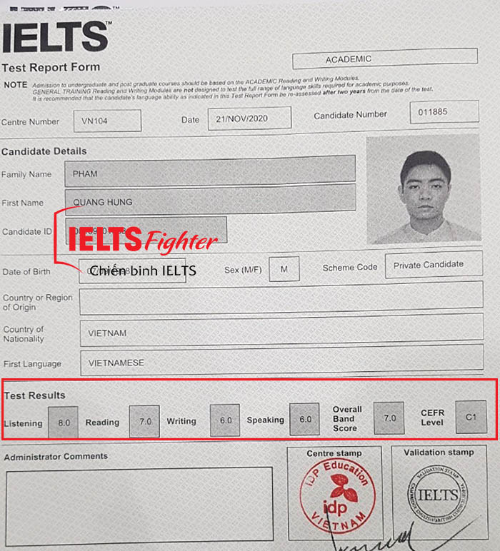 Quang Hưng 7.0 IELTS bảng điểm