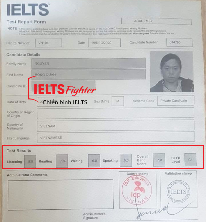 Hồng quân 7.0 IELTS bảng điểm