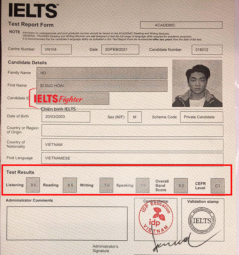 Bảng điểm Đức Hoài 8.0 IELTS học IELTS 1 kèm 1 