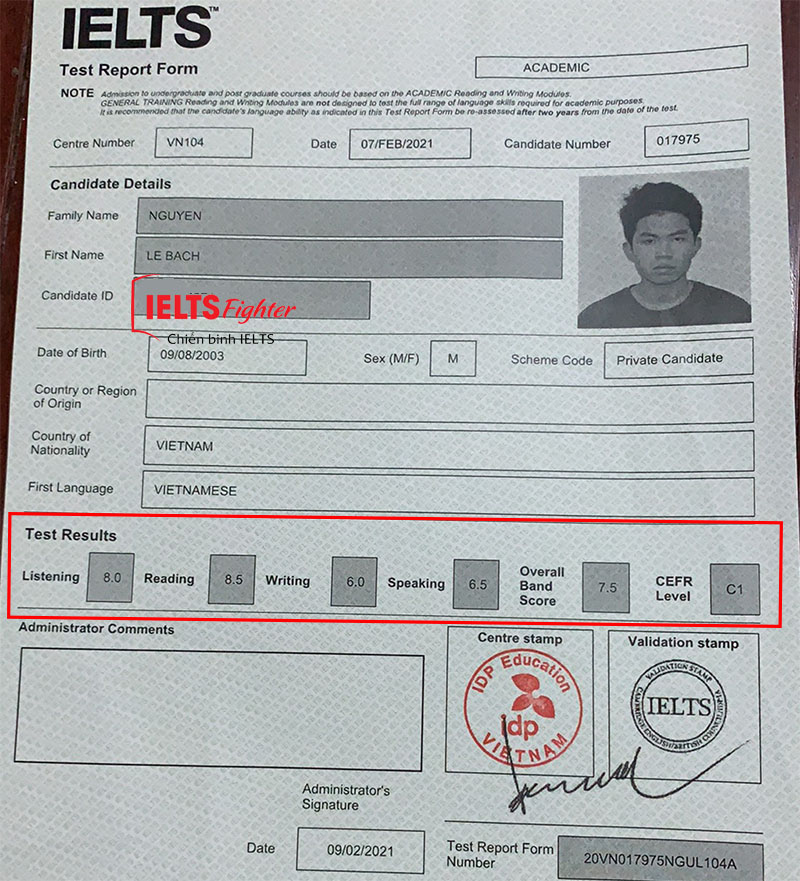 Bảng điểm Bách 7.5 IELTS học IELTS 1 kèm 1 