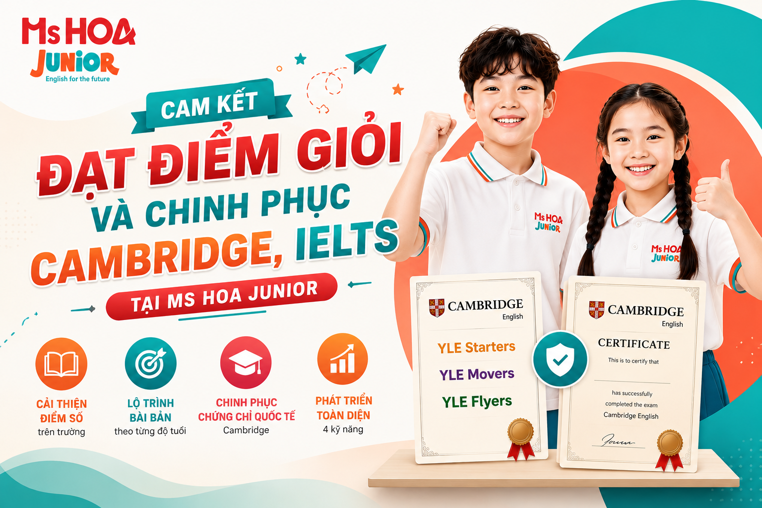 Cam kết đạt điểm giỏi và chinh phục Cambridge, IELTS tại Ms Hoa Junior